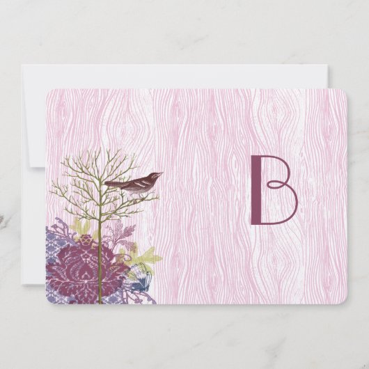 Berry  Bird Leaf WoodGrain Wedding Invite Kaart (Achterkant)