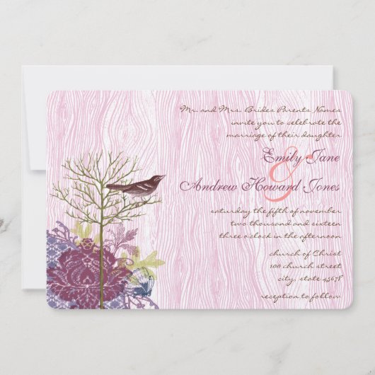 Berry Bird Leaf WoodGrain Wedding Invite Kaart (Voorkant)