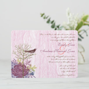 Berry  Bird Leaf WoodGrain Wedding Invite Kaart