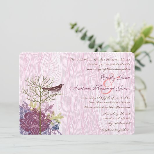 Berry  Bird Leaf WoodGrain Wedding Invite Kaart (Staand voorkant)