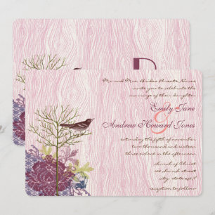 Berry  Bird Leaf WoodGrain Wedding Invite Kaart