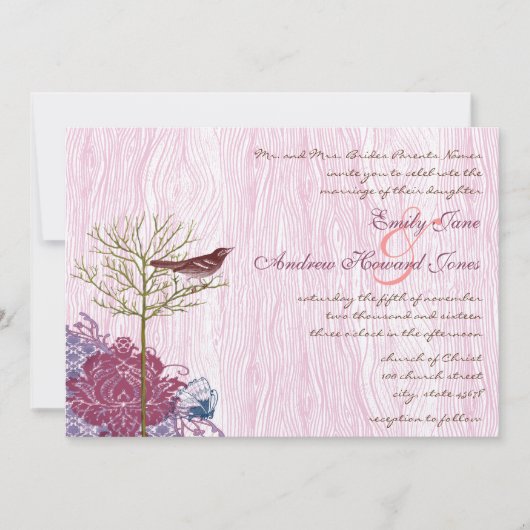 Berry  Bird op WoodGrain Wedding Invitation Kaart (Voorkant)