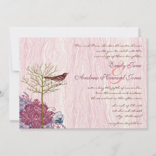 Berry  Bird op WoodGrain Wedding Invitation Kaart