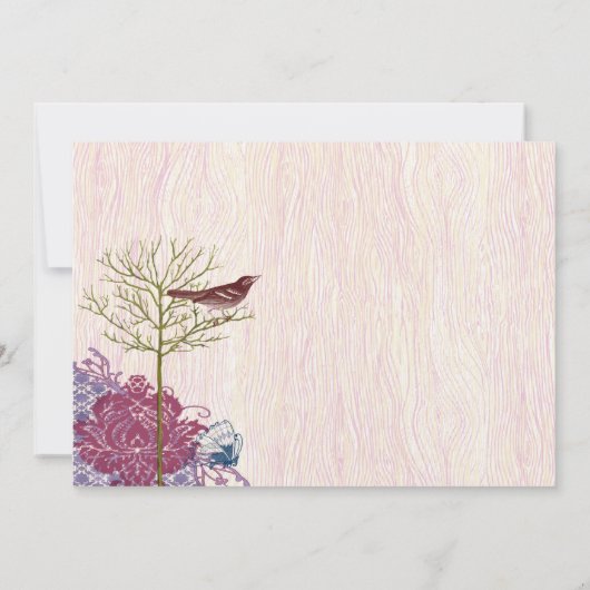 Berry Bird op WoodGrain Wedding Invitation Kaart (Achterkant)