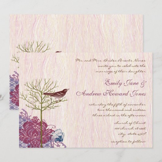 Berry  Bird op WoodGrain Wedding Invitation Kaart (Voorkant / Achterkant)