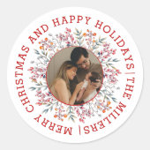 Berry, bladrood Prettige feestdagen kerstfoto Ronde Sticker (Voorkant)