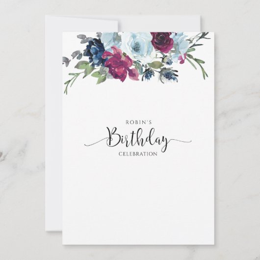 Berry, Blauw, Bourgogne Bloemen Verjaardag Uitnodi Kaart (Achterkant)