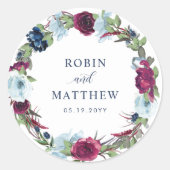 Berry, Blauwe Bourgondische Bloemen Envelop Seal / Ronde Sticker (Voorkant)