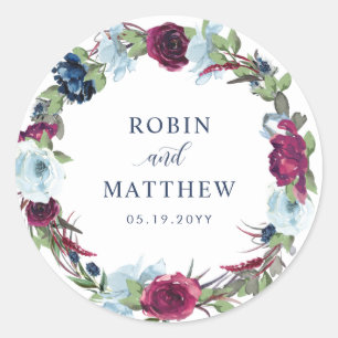 Berry, Blauwe Bourgondische Bloemen Envelop Seal / Ronde Sticker