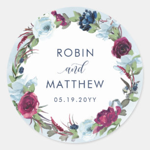 Berry, Blauwe Bourgondische Bloemen Favor/Envelope Ronde Sticker