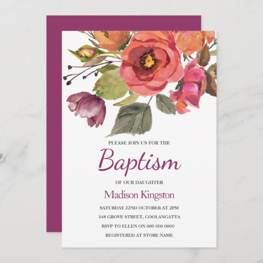 Berry Bliss Herfst Flowers Baptism Invite Kaart (Voorkant / Achterkant)