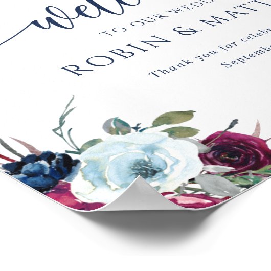 Berry, Blue, Burgundy Floral Welcome Wedding Sign Poster (Hoek)