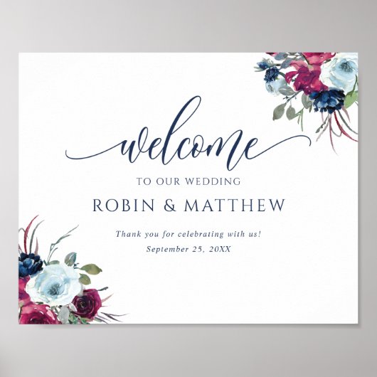 Berry, Blue, Burgundy Floral Welcome Wedding Sign Poster (Voorkant)