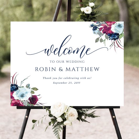 Berry, Blue, Burgundy Floral Welcome Wedding Sign Poster