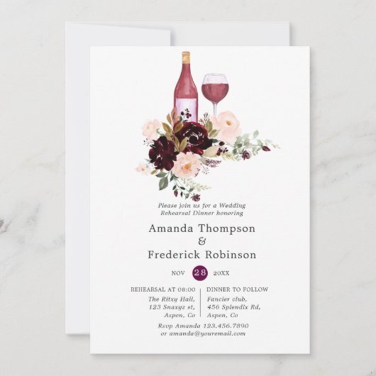 Berry & Blush Floral Wine Tasting Rehearsal Dinner Kaart (Voorkant)