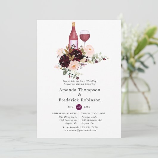 Berry & Blush Floral Wine Tasting Rehearsal Dinner Kaart (Staand voorkant)