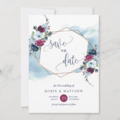 Berry, Bourgogne en Blauwe Floral, Elegant Wedding Save The Date (Voorkant)