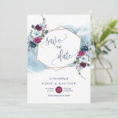 Berry, Bourgogne en Blauwe Floral, Elegant Wedding Save The Date (Staand voorkant)