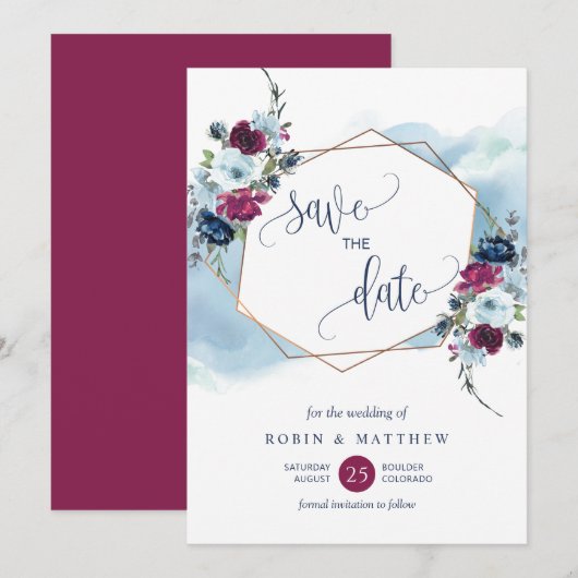 Berry, Bourgogne en Blauwe Floral, Elegant Wedding Save The Date (Voorkant / Achterkant)