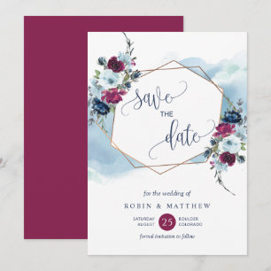 Berry, Bourgogne en Blauwe Floral, Elegant Wedding Save The Date