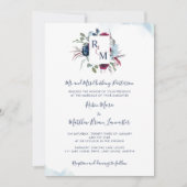 Berry, Bourgogne en Blue Floral Monogram Wedding Kaart (Voorkant)