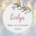 Berry Branch Baby's eerste kerstfoto Keramisch Ornament<br><div class="desc">Op maat ontworpen baby's eerste kerst ornament met rustieke waterverf rode bessen tak met persoonlijke naam,  jaar en foto.</div>