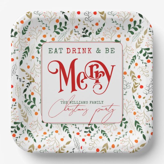Berry Branch Eat, Drink Be Merry Christmas Party Papieren Bordje (Voorkant)