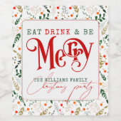 Berry Branch Eat, Drink Be Merry Christmas Party Wijn Etiket (Enkel label)