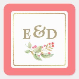 Berry Branch | Roze koraalmonogram bruiloft Vierkante Sticker