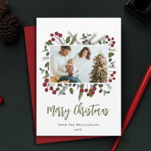Berry Branches Lijst Familiefoto Modern Christmas Feestdagenkaart