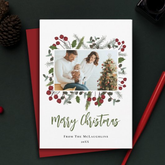Berry Branches Lijst Familiefoto Modern Christmas Feestdagenkaart