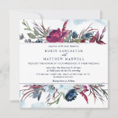 Berry Burgundy and Blue Floral Square Wedding Inv Kaart (Voorkant)