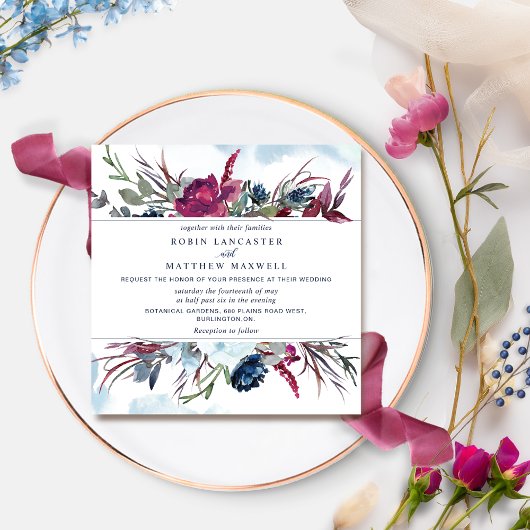 Berry Burgundy and Blue Floral Square Wedding Inv Kaart