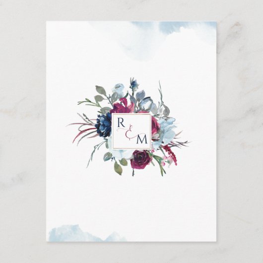 Berry Burgundy Blue Floral Wedding Details Informatiekaartje (Achterkant)