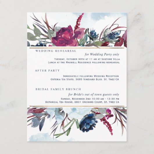 Berry Burgundy Blue Floral Wedding Details Informatiekaartje (Voorkant)