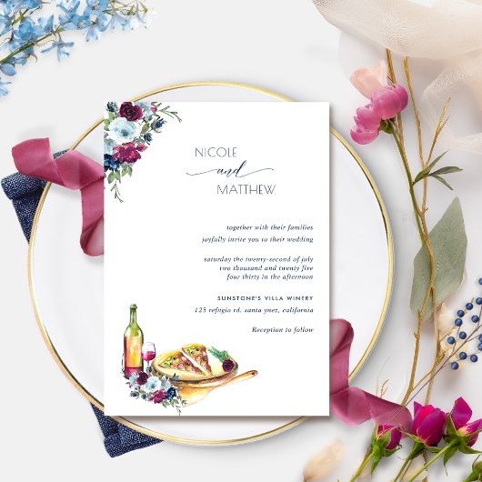 Berry Burgundy en Blue Floral Pizza Wedding Kaart
