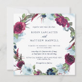 Berry Burgundy en Blue Floral Wreath Wedding Kaart (Voorkant)
