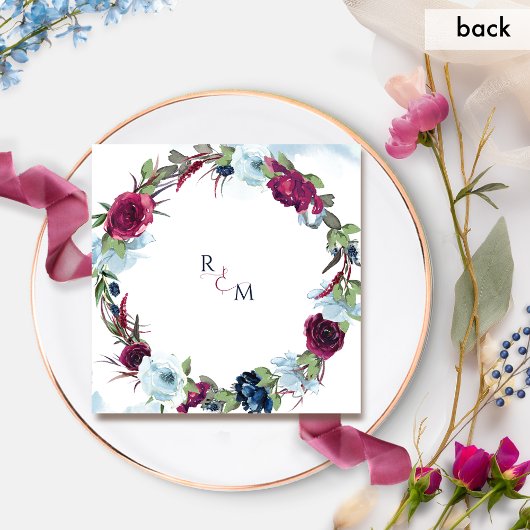 Berry Burgundy en Blue Floral Wreath Wedding Kaart