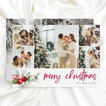 Berry Calligraphy Vrolijk Kerstfeest 7 Foto Feestdagenkaart<br><div class="desc">Vier het seizoen met onze prachtig gepersonaliseerde kerstkaart, perfect om de vreugde van uw gezin te delen. De voorkant van de kaart toont vijf van je favoriete foto's en creëert een oprechte weergave van gekoesterde momenten. Onder de foto's, een delicate waterverf bessen illustratie lijsten de feestelijke "Merry Christmas" begroeting in...</div>