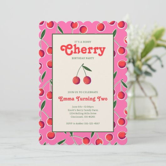 Berry Cherry Girl's Verjaardag Uitnodigen: Hot Pin Kaart (Staand voorkant)