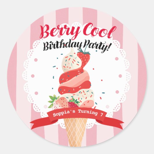 Berry Cool Strawberry Ice Cream Verjaardag Ronde Sticker (Voorkant)
