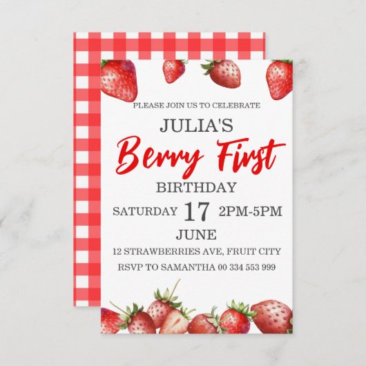 Berry Eerste 1e aardbei Verjaardag uitnodiging (Voorkant / Achterkant)