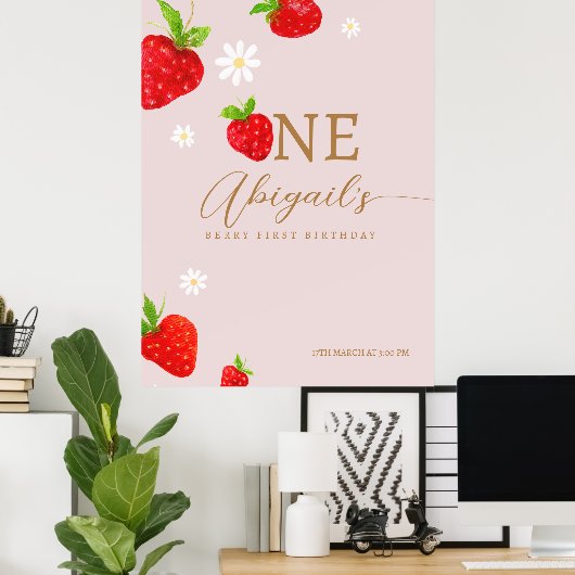 Berry eerste 1e aardbeienverjaardag welkom poster (Thuiskantoor)