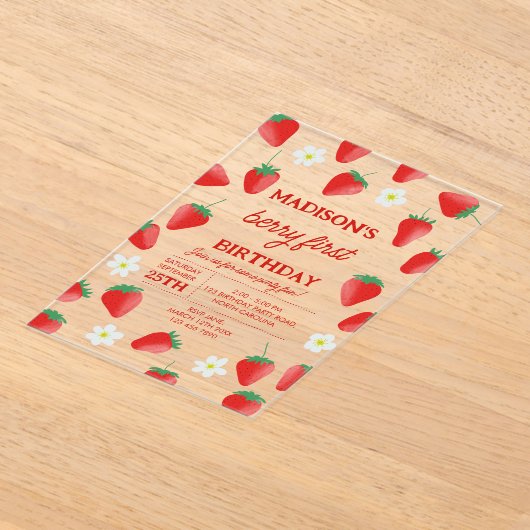 Berry eerste 1e verjaardag aardbeien draaien een acryl uitnodigingen (Laagn)