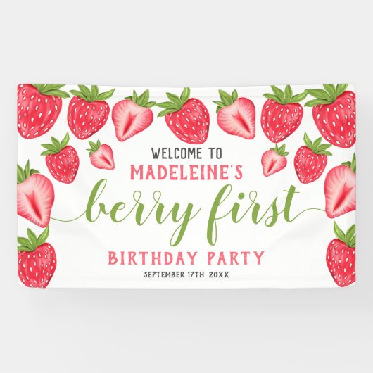 Berry Eerste Aardbei 1e verjaardagsfeestje Welkom Spandoek (Horizontaal)