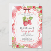 Berry eerste aardbei 1e zomer verjaardag Gingham Kaart (Voorkant)