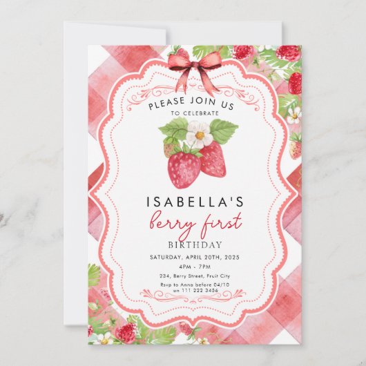 Berry eerste aardbei 1e zomer verjaardag Gingham Kaart (Voorkant)