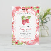 Berry eerste aardbei 1e zomer verjaardag Gingham Kaart (Staand voorkant)