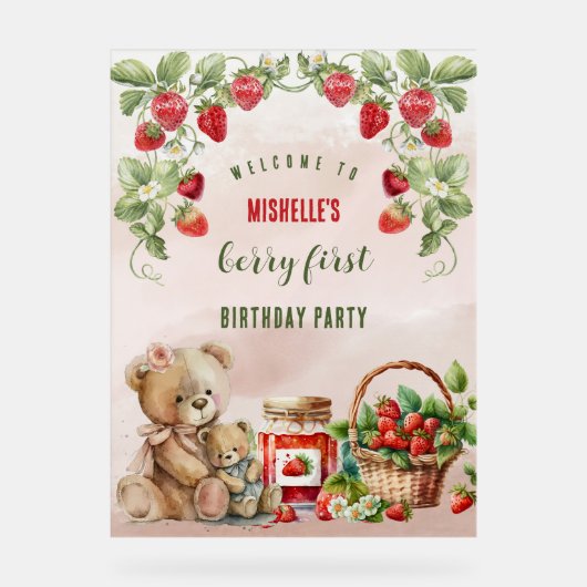 Berry Eerste Aardbei en Beer Verjaardag Acryl Bord (Voorkant)