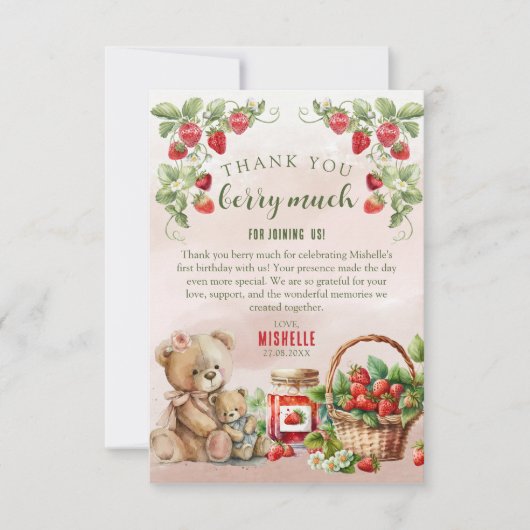 Berry Eerste Aardbei en Beer Verjaardag Bedankkaart (Voorkant)